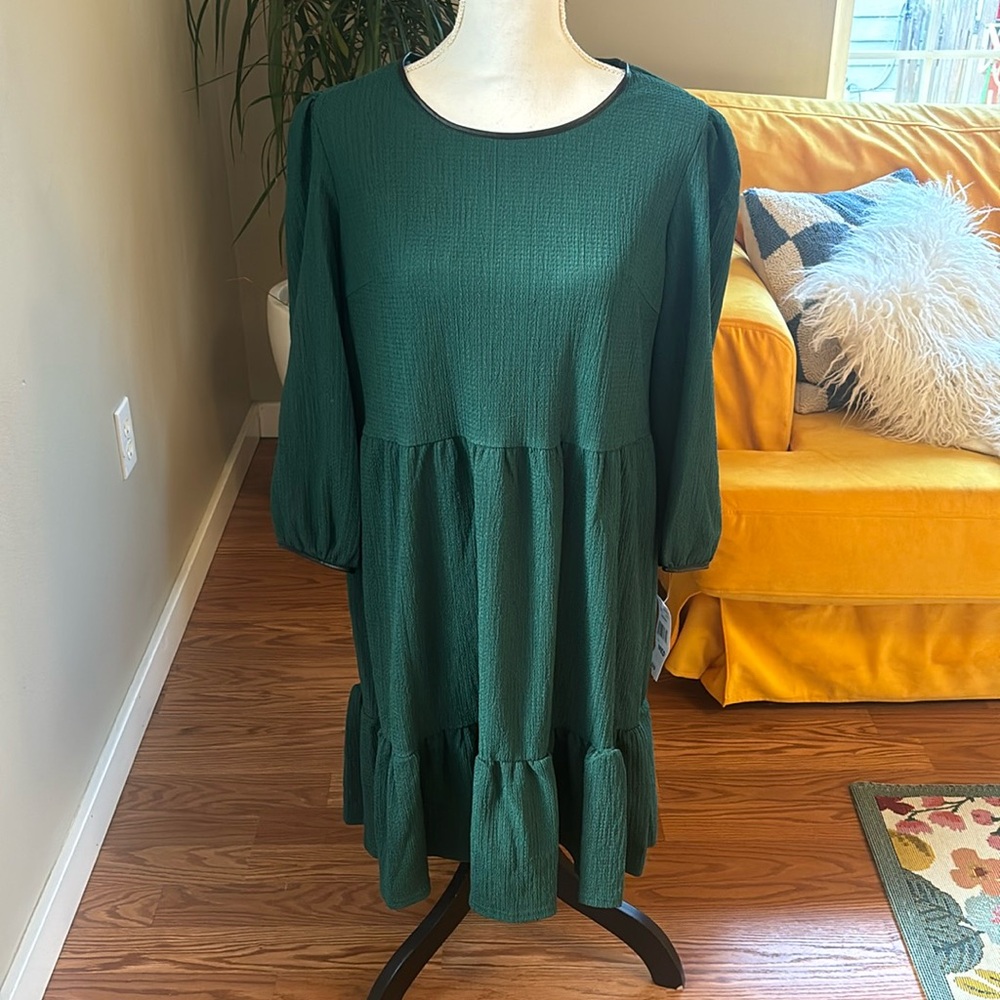 NWT Green Loose Long Sleeve Tiered Dress Medium Boho Cottagecore Spring Romantic